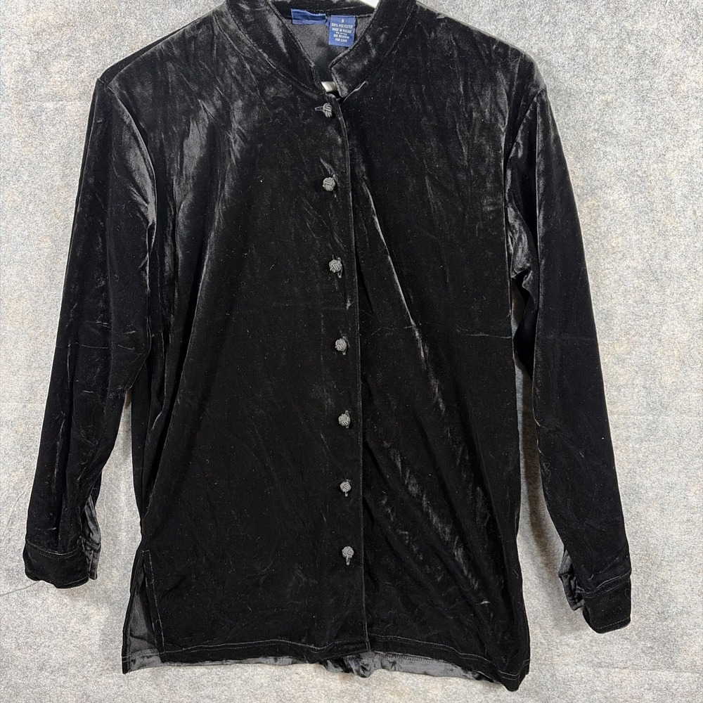 Vintage Honors Button‎ Shirt Women's Small Black Suede Velour Y2K Collared